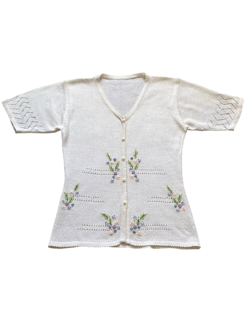 Y2K 80s 90s White Hand Embroidered Eyelet Short Sleeve Top No Size Tag